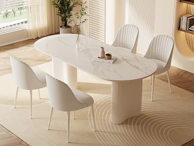 Modern Dining Table Set With Marble Top White Chairs And Light Rug 3d model