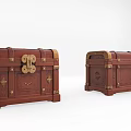 Vintage Brown Wooden Chest With Golden Metal Locks Decorative Corners And Carvings On White Background