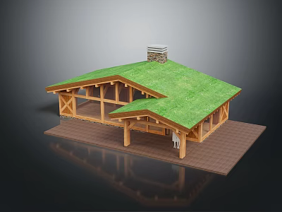Wooden Frame Building With Green Grass Roof Stone Chimney And Large Windows 3d model