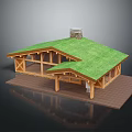 Wooden Frame Building With Green Grass Roof Stone Chimney And Large Windows