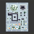 Cartoon Miniature Scene With Traditional Style Tower Houses Trees Roads And Vehicles