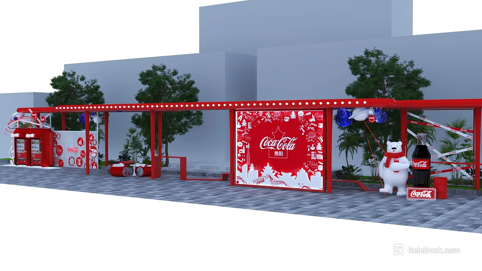 Coca-Cola Outdoor Display With Red Canopy Snowflake Decorations Polar Bear Figure And Balloons 3d model 