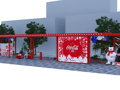 Coca-Cola Outdoor Display With Red Canopy Snowflake Decorations Polar Bear Figure And Balloons 3d model