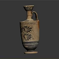 Hand Carved Ancient Clay Vase Featuring Black Floral Patterns And Handle