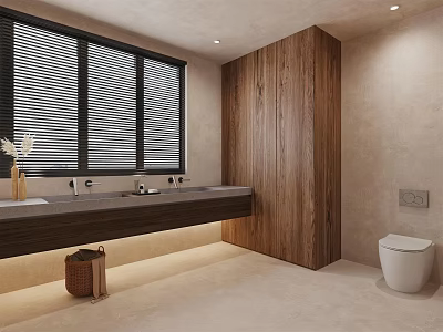 Hotel Bathroom Modern Design With Double Sink Vanity Wooden Panel Large Windows And Ambient Lighting 3d model