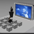 Speaker Giving Presentation With Large Digital Screen Showing Woman And Icons Near White Cube Seats