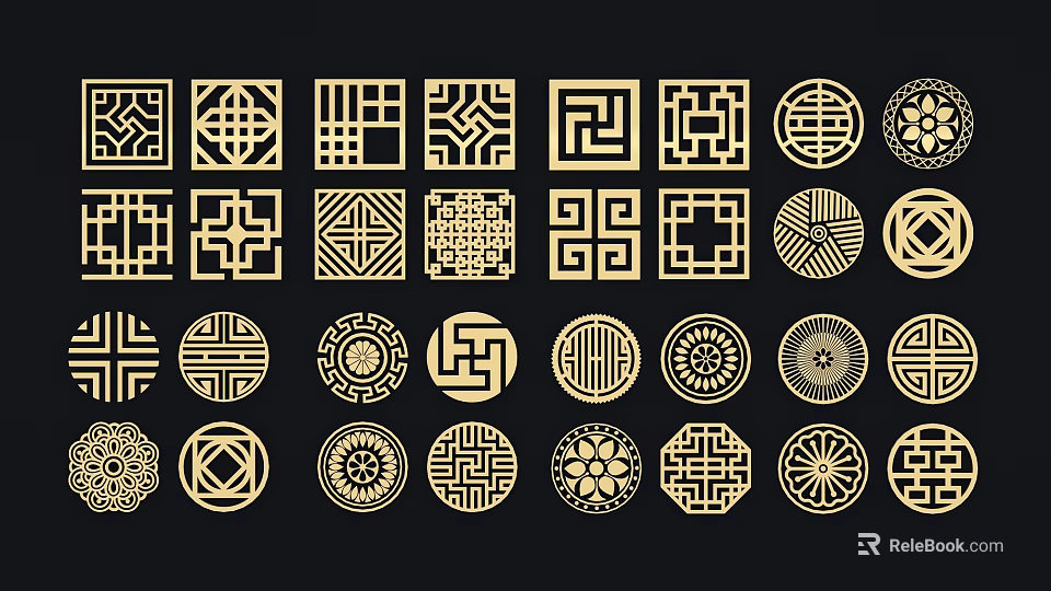 Traditional Chinese Style Gold Geometric Wall Decorations With Ornate Circular Square Patterns 3d model