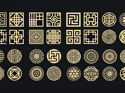 Traditional Chinese Style Gold Geometric Wall Decorations With Ornate Circular Square Patterns 3d model
