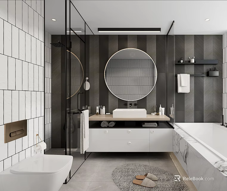 Modern Bathroom Interior With Round Mirror Glass Shower White Vanity And Tiled Walls 3d model 