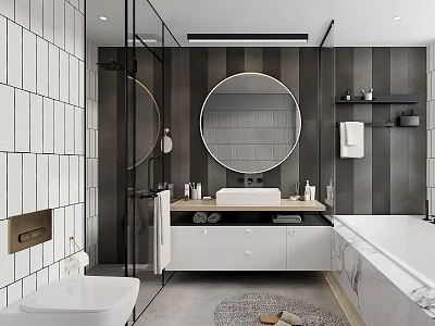 Modern Bathroom Interior With Round Mirror Glass Shower White Vanity And Tiled Walls 3d model