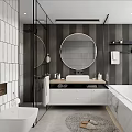 Modern Bathroom Interior With Round Mirror Glass Shower White Vanity And Tiled Walls