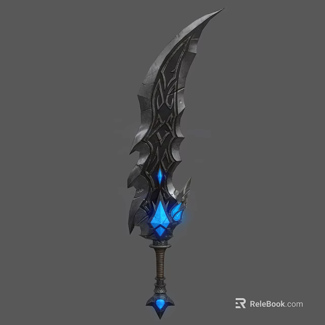 Decorative Black Metal Sword With Intricate Patterns And Blue Glowing Gemstones 3d model 