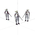 Game And Movie Character With White Purple Armor Holding Green Spear In Three Angles Sci Fi Design