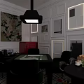 Stylish Dining Room Interior With Green Chairs Black Table Colorful Rug White Walls Pendant Light