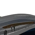 Modern Garden Feature Wavy Roof Bridge With Paved Path And People Walking