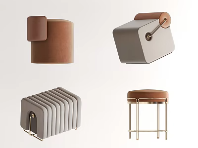 Modern Stylish Sofa Stools With Different Designs Velvet Upholstery And Metal Legs 3d model