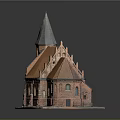 Whimsical Cartoon Scene With Red Brick Building Pointed Tower And Orange Roof
