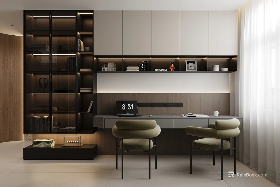 Modern Study Room Interior Design With Bookshelves Writing Desk Green Chairs And Cabinets 3d model 