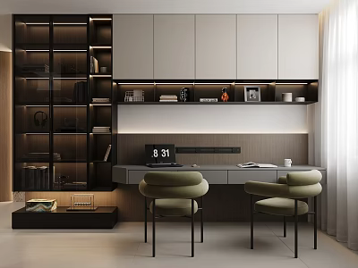 Modern Study Room Interior Design With Bookshelves Writing Desk Green Chairs And Cabinets 3d model