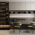 Modern Study Room Interior Design With Bookshelves Writing Desk Green Chairs And Cabinets