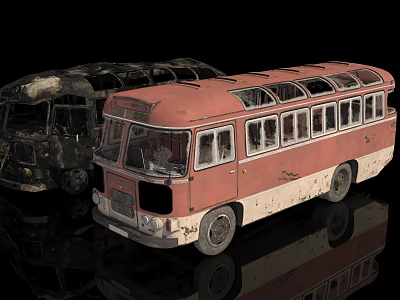 Old Red Vintage Bus and Burnt Black Damaged Bus on Reflective Surface 3d model