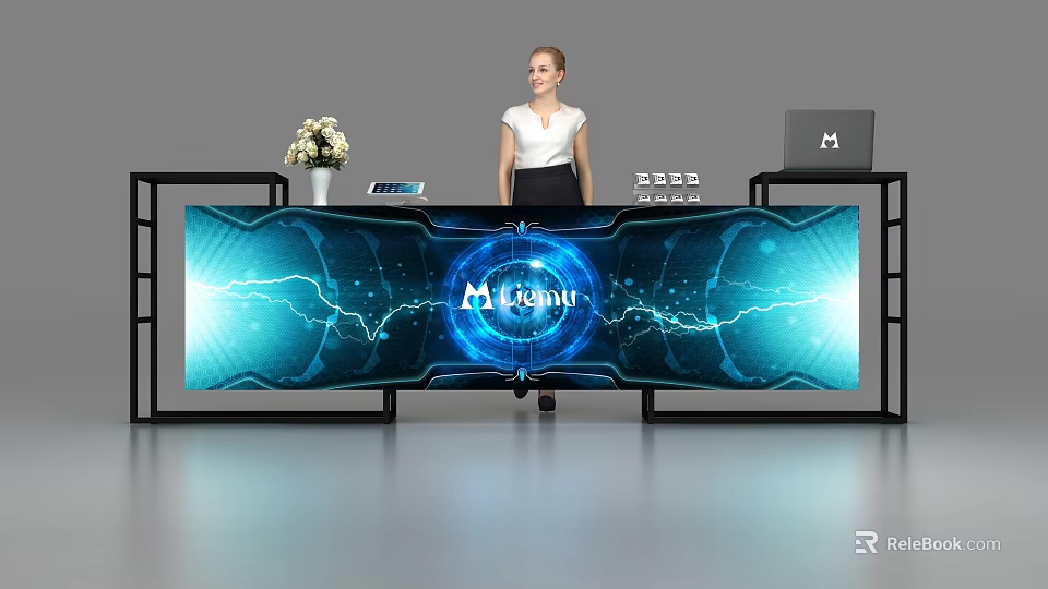 Modern Reception Desk With Large Curved Screen M-Logic Logo Lightning Effect Laptop And Vase 3d model 