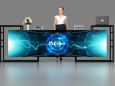 Modern Reception Desk With Large Curved Screen M-Logic Logo Lightning Effect Laptop And Vase 3d model