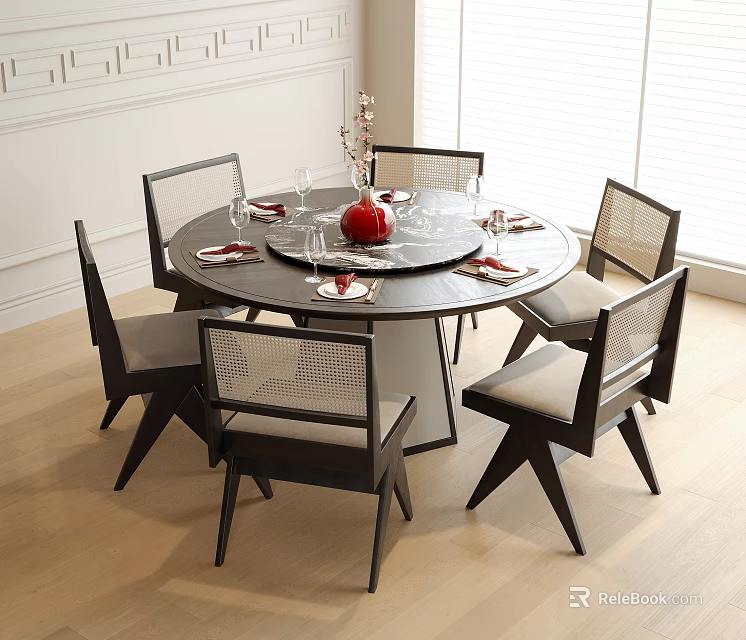 Modern Black Round Dining Table And Chair Set With Mesh Backs And Red Centerpiece 3d model 
