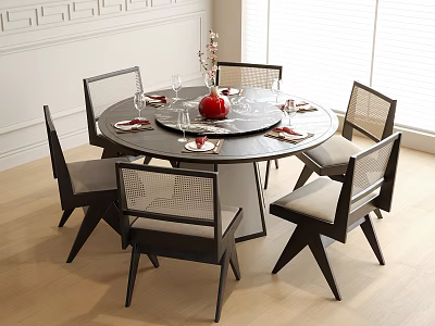Modern Black Round Dining Table And Chair Set With Mesh Backs And Red Centerpiece 3d model