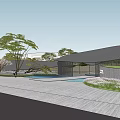 Modern Residential Landscape Featuring Curved Canopy Water Feature And Lush Greenery