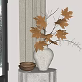 White Ceramic Vase With Yellow Maple Leaves On Cloth Covered Table By Window With Snowy Scene And Wooden Bowl