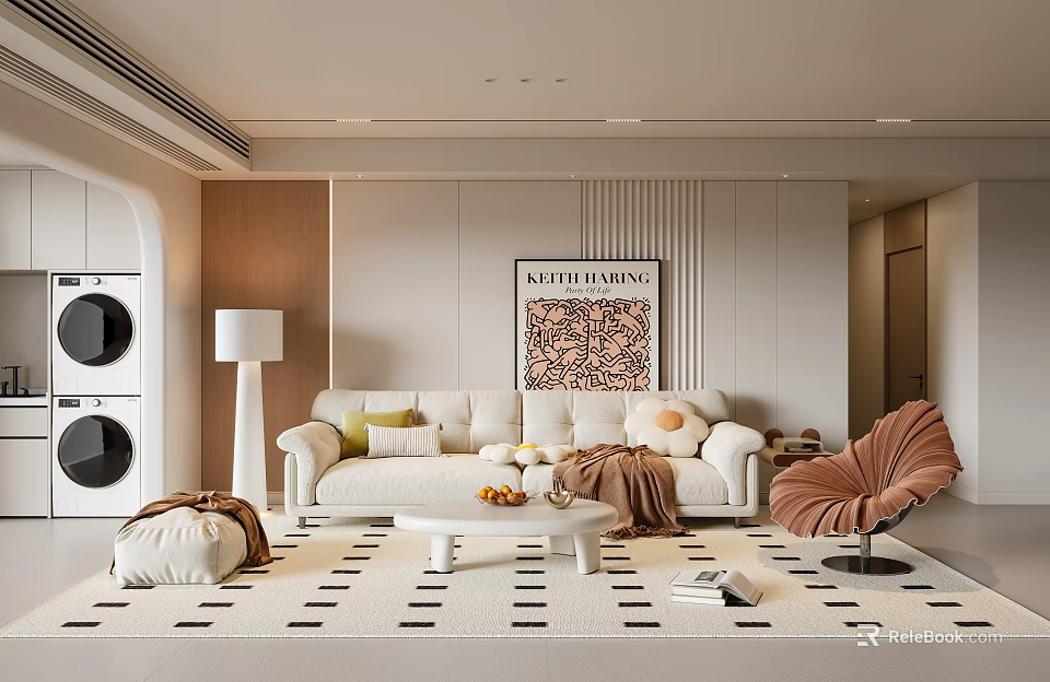 Minimalist Living Room With Light Sofa Petal Chair Patterned Rug And Decorative Wall Art 3d model 