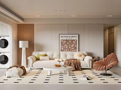 Minimalist Living Room With Light Sofa Petal Chair Patterned Rug And Decorative Wall Art 3d model