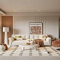 Minimalist Living Room With Light Sofa Petal Chair Patterned Rug And Decorative Wall Art