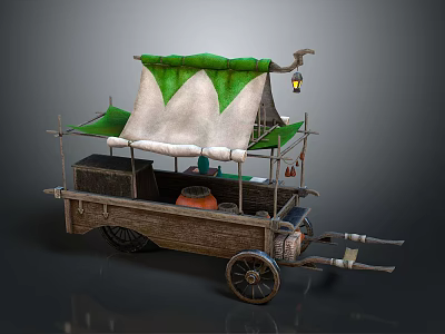 Vintage Wooden Street Vendor Cart With Green White Canopy Lantern And Storage Boxes 3d model