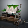 Vintage Wooden Street Vendor Cart With Green White Canopy Lantern And Storage Boxes