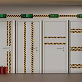White Doors With Yellow Black Warning Stripes Green Signs And Red Fire Extinguishers