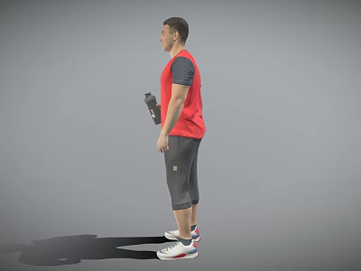 Man in red vest and gray capri pants holding a water bottle against gray background 3d model