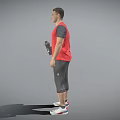 Man in red vest and gray capri pants holding a water bottle against gray background