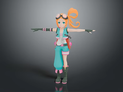 3D Game Movie Character With Orange Hair Goggles Turquoise Outfit And Arms Outstretched 3d model
