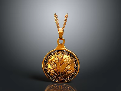 Gold Pendant Necklace With Circular Shape And Floral Engraved Design 3d model