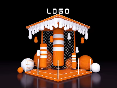 Vibrant Photo Check In Spot With Orange White Striped Pillars Netting Icicle Decorations And Balls 3d model