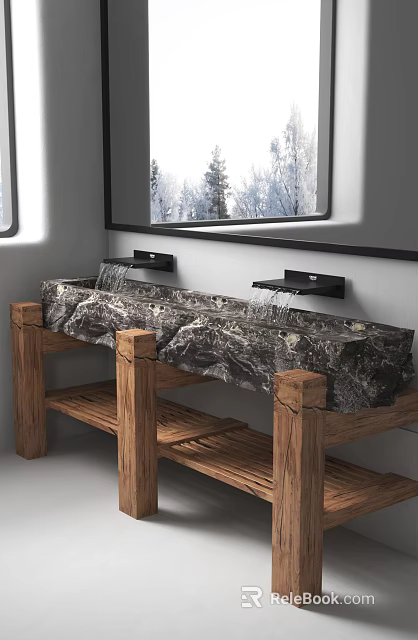 Rustic Natural Stone Washbasin with Wooden Support and Wall Mounted Faucets Under Scenic Mirror 3d model 