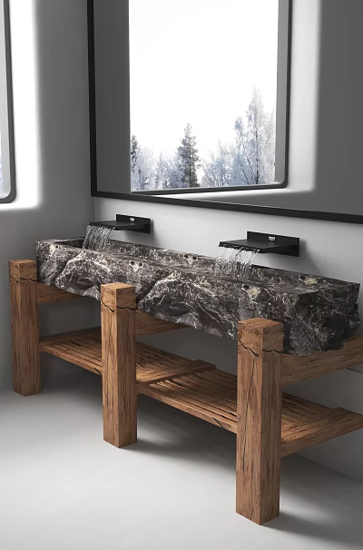 Rustic Natural Stone Washbasin with Wooden Support and Wall Mounted Faucets Under Scenic Mirror 3d model