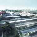Aerial View Of Modern Large Campus With Multiple Buildings Green Landscape And Central Square