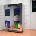 Cafeteria Stainless Steel Sterilizer With Blue Lighting And Colorful Plates On Tile Walls And Floor