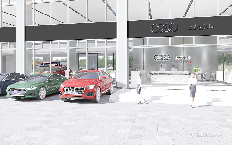 SAIC Audi Dealership Exterior With Parked Cars And People Walking Outside 3d model 