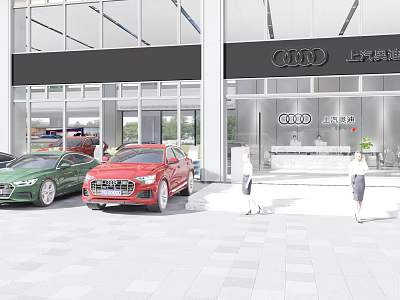 SAIC Audi Dealership Exterior With Parked Cars And People Walking Outside 3d model