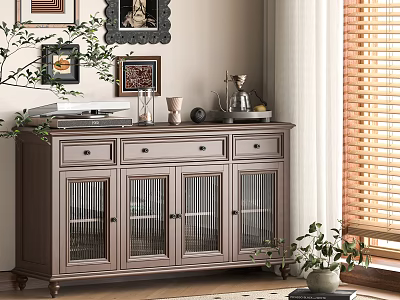 Light Gray Sideboard With Drawers Glass Front Cabinets And Decorative Items Near Window Blinds 3d model