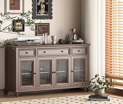 Light Gray Sideboard With Drawers Glass Front Cabinets And Decorative Items Near Window Blinds 3d model